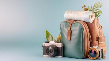 Travel essentials including a backpack, vintage camera, map, and greenery on a soft background photo