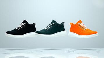 Three stylish pairs of athletic shoes displayed on a reflective surface with a minimalist background photo