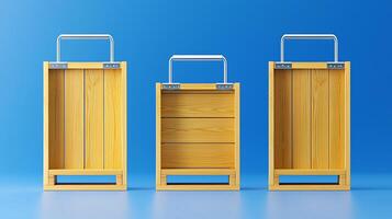 Three wooden storage boxes on a blue background, showcasing different designs and configurations photo