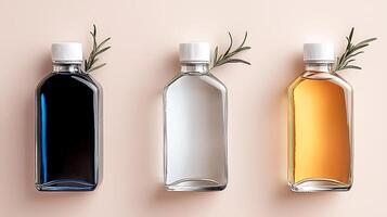 Three elegantly arranged glass bottles containing various liquids, garnished with rosemary, on a soft pastel background photo