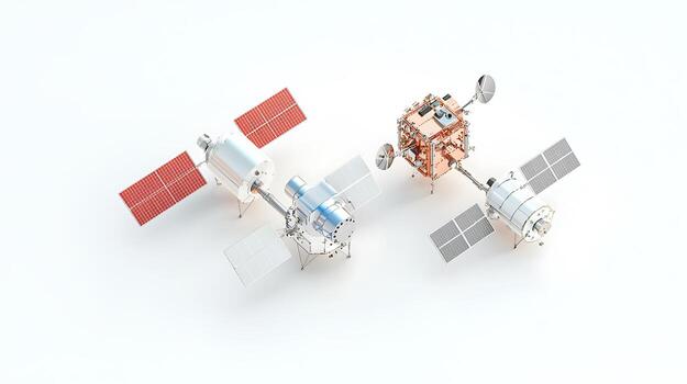 Three futuristic spacecraft models showcasing advanced design in a minimalist setting photo