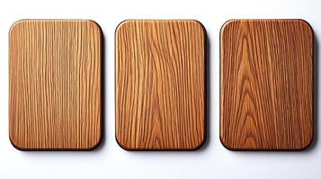 Three wooden cutting boards arranged in a row on a white background, showcasing their texture and design photo