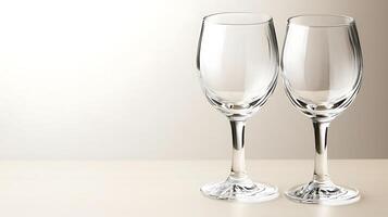 Two elegant crystal wine glasses on a minimalist table against a soft gradient background photo