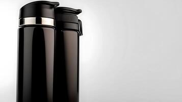 Two sleek black thermoses standing side by side on a minimalist background, showcasing modern design photo