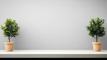 Two potted plants on a minimalist shelf against a plain gray wall, creating a serene atmosphere photo
