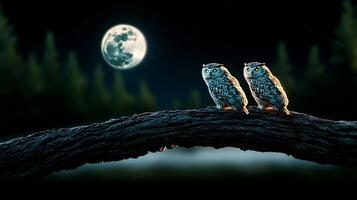 Two owls perched on a log under a full moon, surrounded by a serene forest at night photo