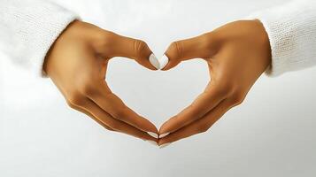 Two hands forming a heart shape against a soft white background, symbolizing love and connection photo