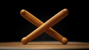 Two wooden rolling pins crossed on a wooden surface, set against a dark background, creating a dramatic effect photo