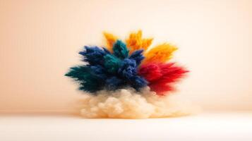 Vibrant explosion of colored powder creating a dynamic visual effect against a soft background photo