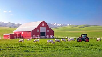 Vibrant farm scene with cows grazing in lush green fields near a red barn and tractor under clear skies photo