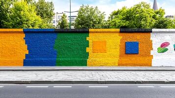 Vibrant mural on a city wall with colorful geometric shapes and greenery in the background photo