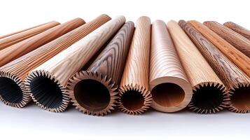Various wooden logs arranged in a row showcasing different textures and colors against a white background photo