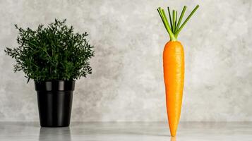 Vibrant orange carrot standing upright on a marble surface with a green plant in the background photo