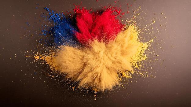 Vibrant explosion of colored powders creating a dynamic visual effect on a neutral background photo
