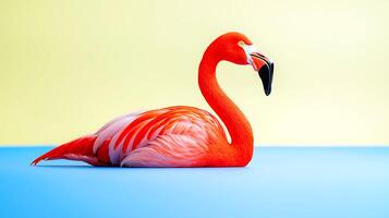 Vibrant flamingo resting gracefully on a colorful backdrop, showcasing its striking plumage photo