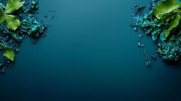 Vibrant aquatic background featuring splashes of water and green leaves, ideal for nature-themed designs photo