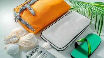 Vibrant beach essentials arranged on a light surface with shells and a tropical leaf backdrop photo