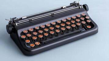 Vintage black typewriter with orange keys on a light blue background, showcasing retro design and nostalgia photo