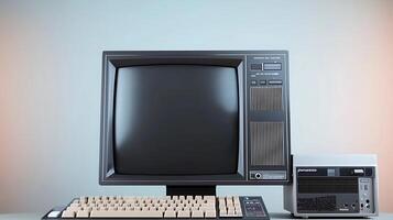 Vintage computer setup featuring a monitor and a desktop unit against a minimalist background photo