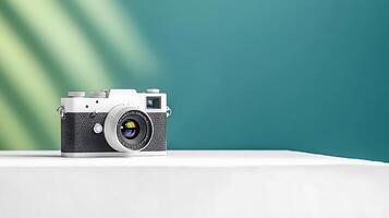 Vintage camera on a minimalist table against a vibrant backdrop with soft shadows photo