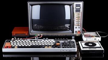 Vintage computer setup featuring a retro monitor, keyboard, and external disk drive on a black background photo