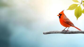 Vibrant red cardinal perched on a branch, surrounded by soft blurred background foliage photo