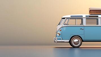Vintage blue and white camper van parked on a smooth surface with a warm gradient background photo