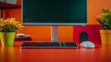 Vibrant workspace with a computer, keyboard, and plants against an orange backdrop photo