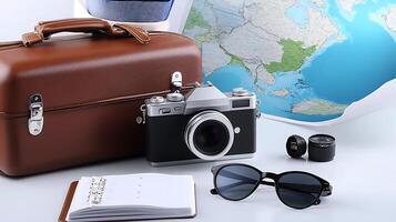 Vintage camera and travel essentials on a table with a world map in the background photo