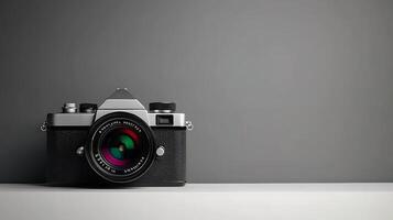 Vintage camera resting on a minimalistic surface against a gray background, showcasing elegance photo