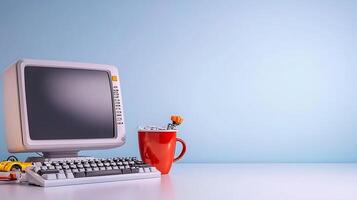 Vintage computer setup on a clean desk with a red mug and toy car, minimalist background photo