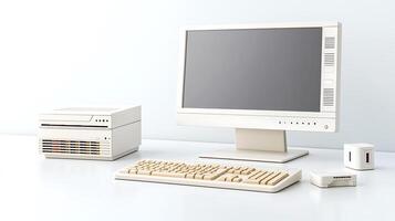 Vintage computer setup featuring a monitor, keyboard, and CPU on a clean desk with minimal decor photo