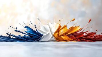 Vivid paint splashes in blue, white, orange, and red create an artistic display on a textured background photo