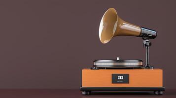 Vintage gramophone on a wooden base against a minimalist brown background, evoking nostalgia photo