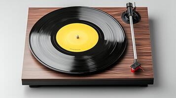 Vintage turntable playing a vinyl record on a wooden surface with soft lighting and shadows photo
