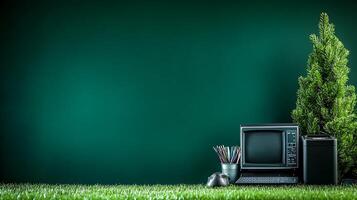Vintage computer setup on grass with green wall backdrop, showcasing nostalgic technology and nature photo
