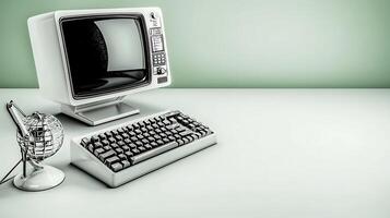 Vintage computer setup with keyboard and globe lamp on a minimalistic desk against a soft green backdrop photo