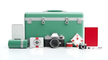 Vintage-style travel kit featuring a camera, compass, and assorted accessories on a clean background photo