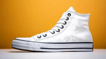 White high-top sneakers displayed against a vibrant orange background, emphasizing style and design photo