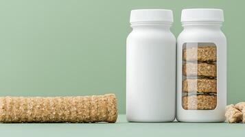 White containers with healthy snack bars displayed on a soft green backdrop, emphasizing wellness photo