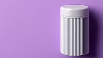 White cylindrical container with ribbed texture against a pastel purple background, minimalistic design photo