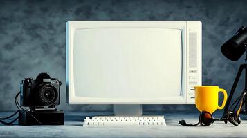 Vintage workspace featuring a blank monitor, camera, yellow mug, and desk lamp with a textured backdrop photo