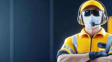 Worker in safety gear with headset and mask stands confidently in a modern industrial setting photo