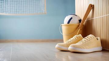 Yellow sneakers beside a yellow bucket and soccer ball in a bright indoor sports area photo