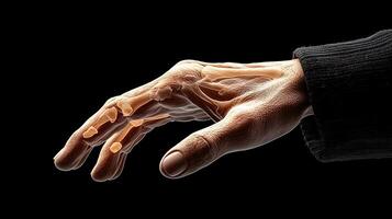 X-ray image of a human hand showcasing bone structure against a black background photo
