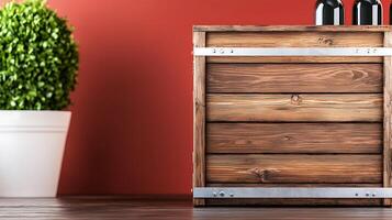 Wooden crate with bottles in a stylish interior against a red wall and green plant photo