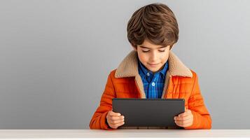 Young boy in orange jacket intently using a tablet while sitting at a table against a gray background photo