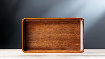 Wooden tray on a minimalist table with soft lighting and a subtle gradient background photo