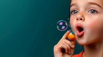 Young girl blowing bubbles with a playful expression against a colorful background photo