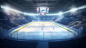 An empty hockey arena with a scoreboard and a scoreboard photo